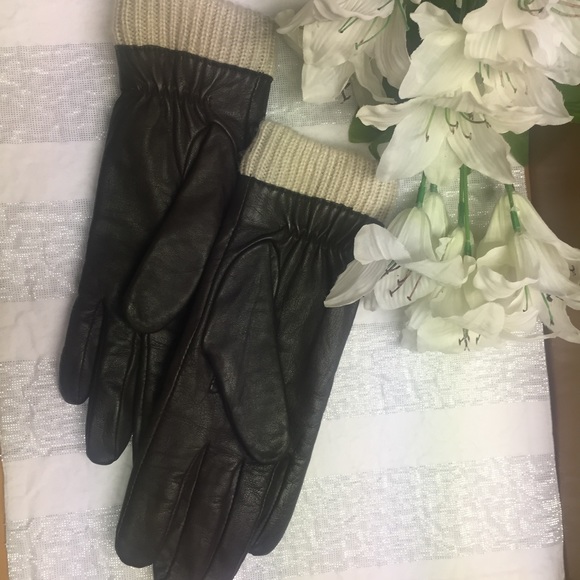 Ladies Gloves, genuine leather, brown with beige knitting trim,, size 7 1/2 - Picture 3 of 9